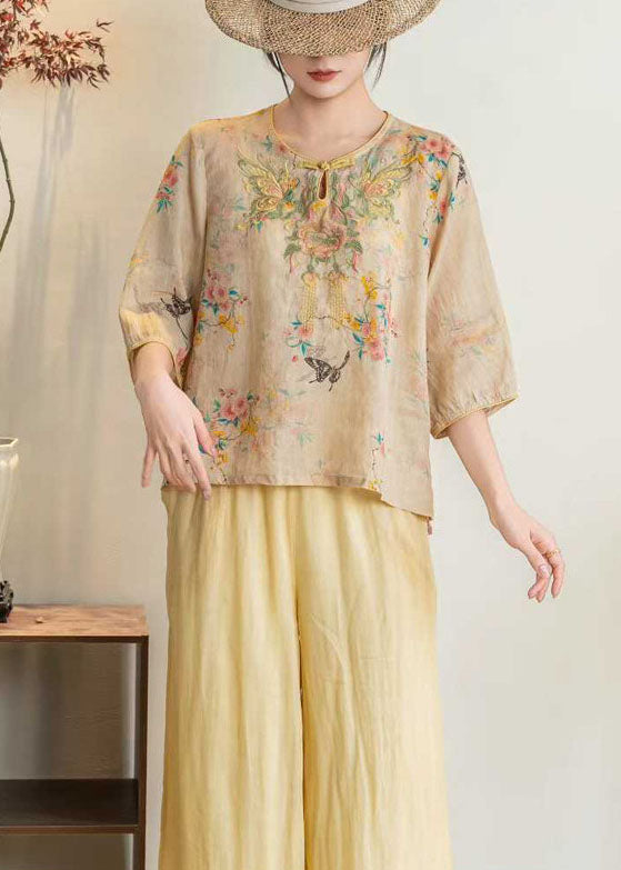 Stylish Pink O Neck Embroidered Linen Blouses Summer