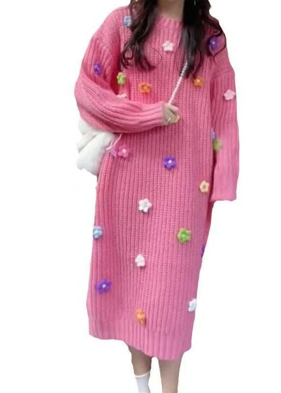 Stylish Pink O Neck Floral Long Knit Dress Winter