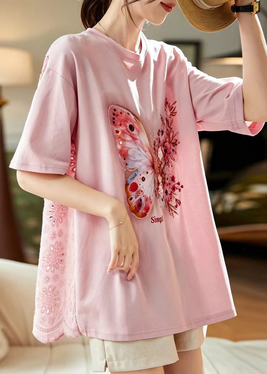 Stylish Pink O-Neck Hollow Out Butterfly Print Cotton Top Short Sleeve