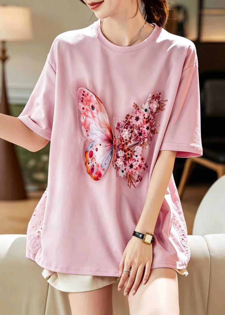 Stylish Pink O-Neck Hollow Out Butterfly Print Cotton Top Short Sleeve