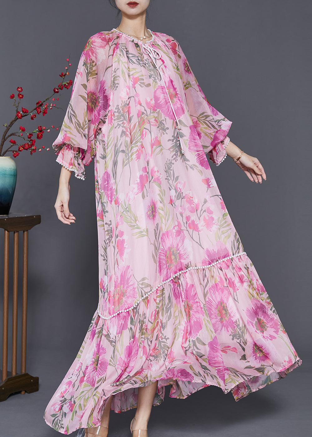 Stylish Pink Oversized Print Chiffon Maxi Dresses Spring