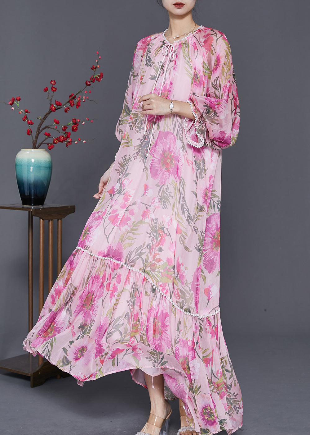 Stylish Pink Oversized Print Chiffon Maxi Dresses Spring