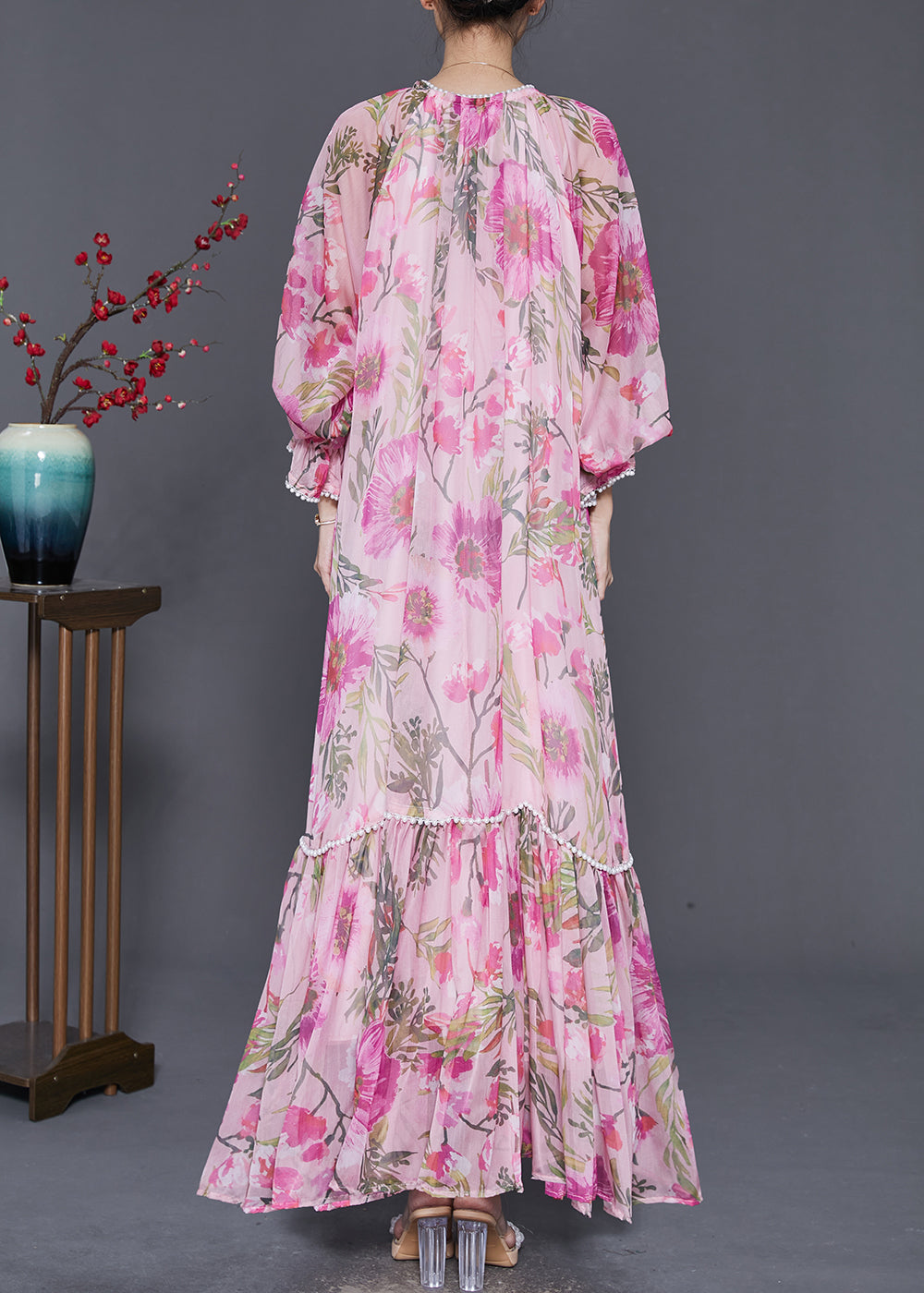 Stylish Pink Oversized Print Chiffon Maxi Dresses Spring