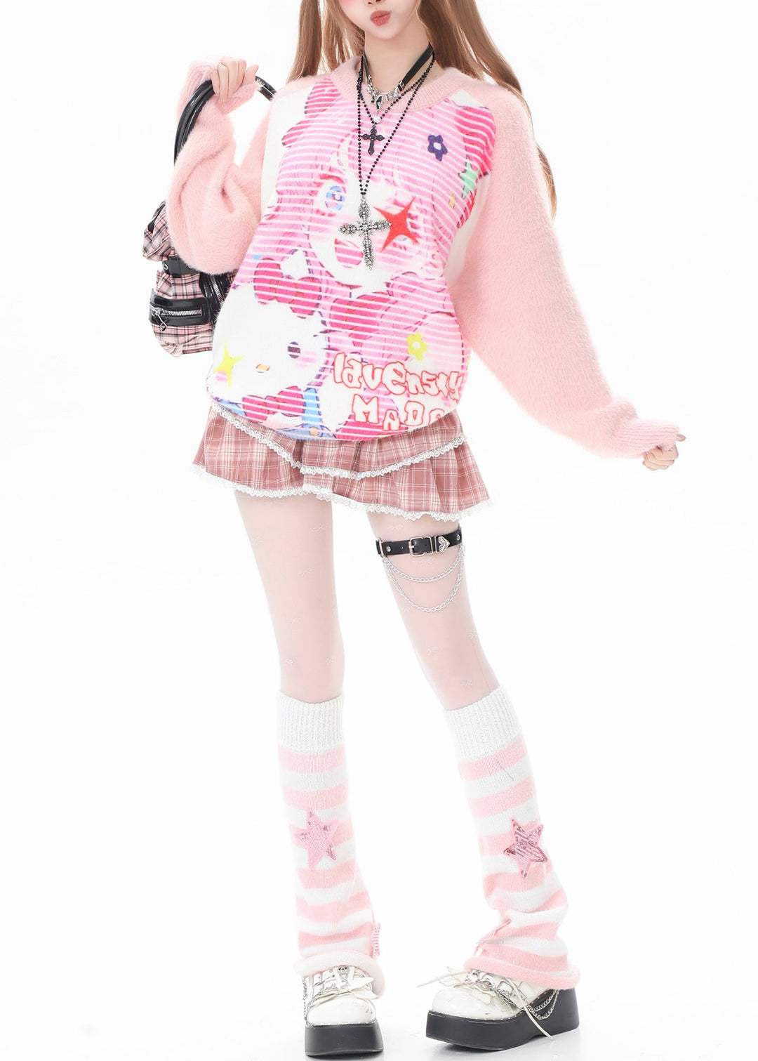 Stylish Pink Oversized Print Knit Pullover Winter