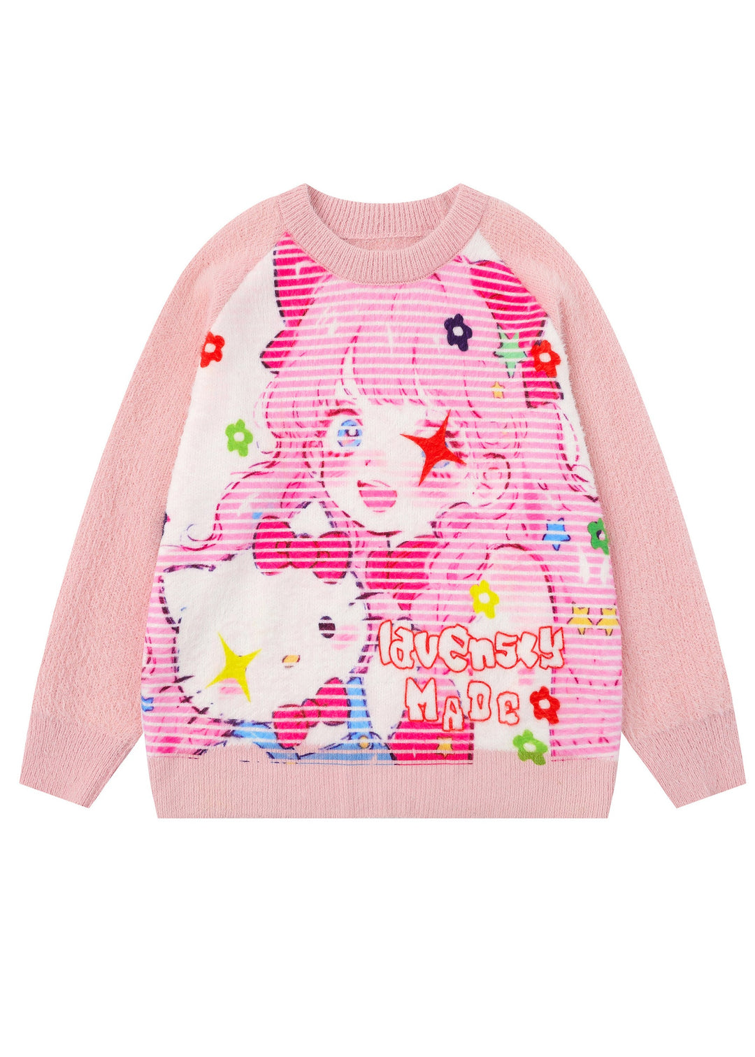 Stylish Pink Oversized Print Knit Pullover Winter