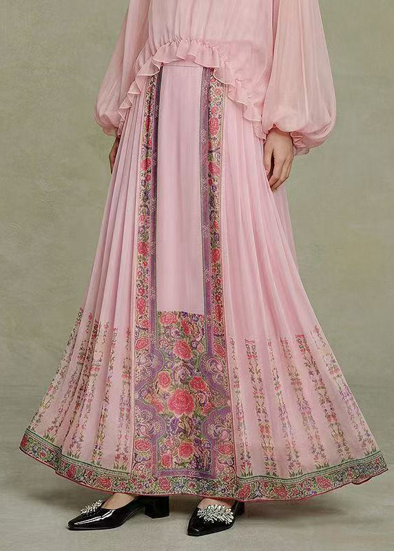Stylish Pink Print Exra Large Hem Silk Skirt Summer