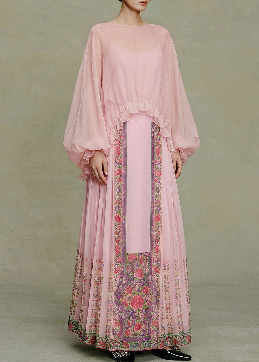 Stylish Pink Print Exra Large Hem Silk Skirt Summer