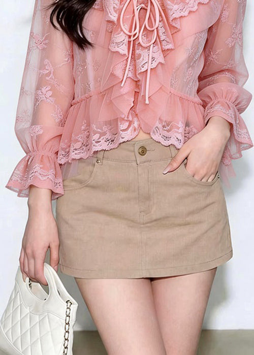 Stylish Pink Ruffled Lace Up Patchwork Chiffon Tops Long Sleeve