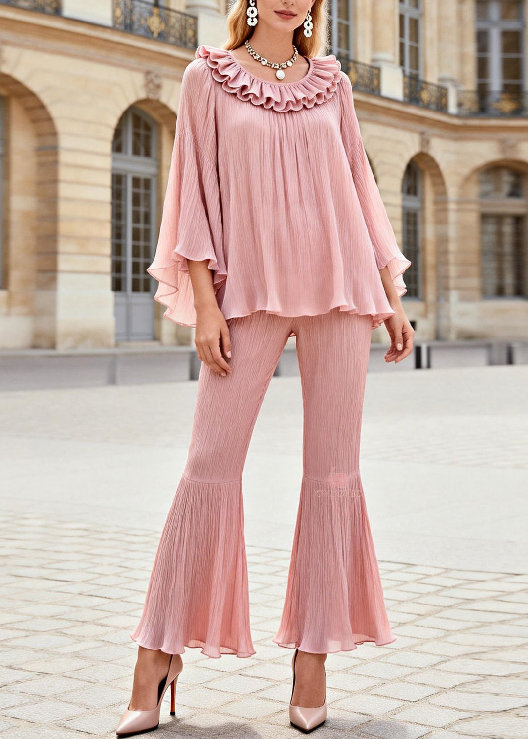 Stylish Pink Ruffled Patchwork Silk Two Pieces Set Spring