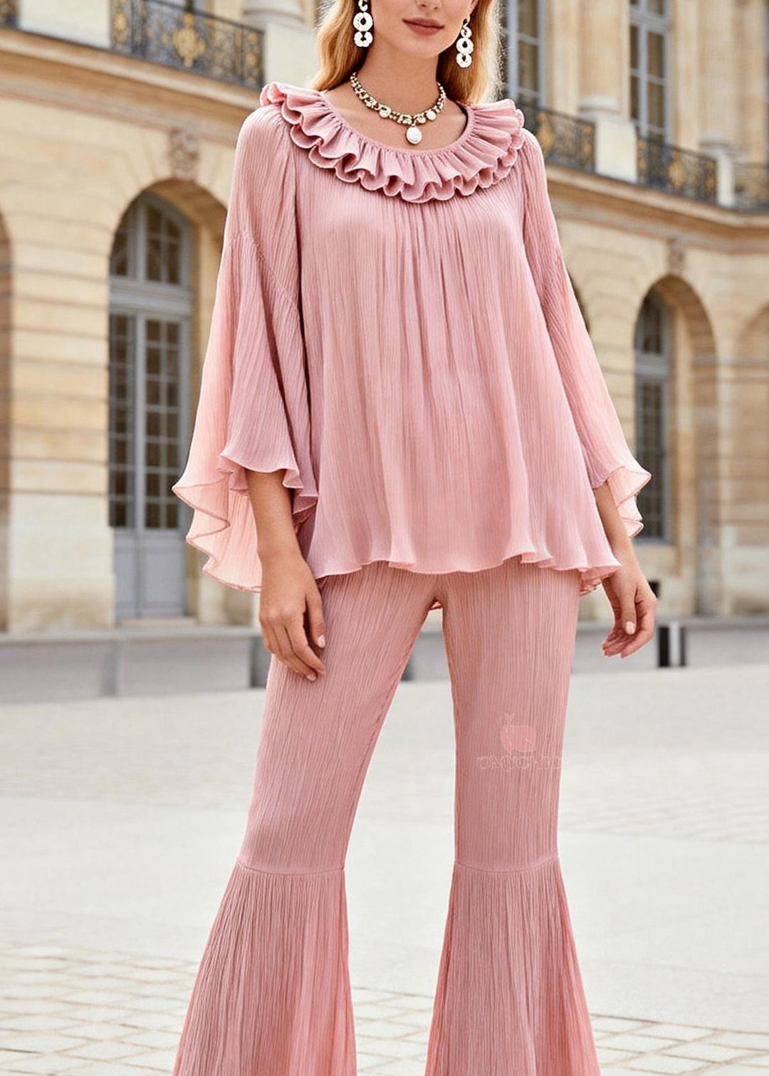 Stylish Pink Ruffled Patchwork Silk Two Pieces Set Spring