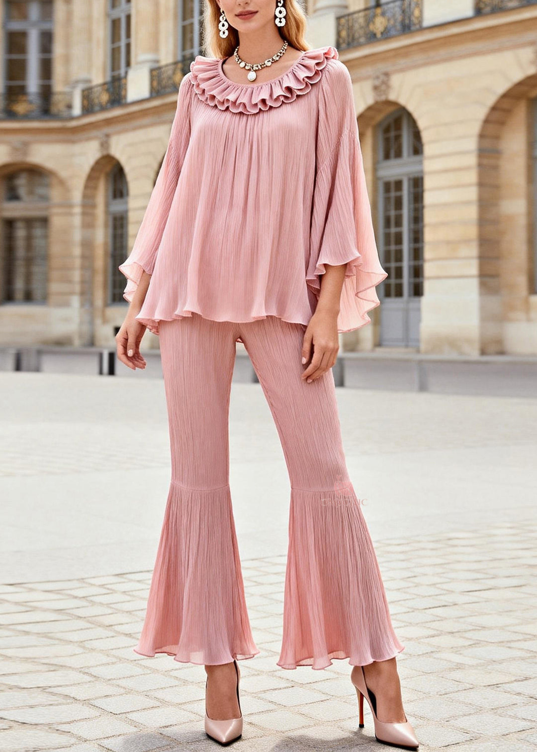 Stylish Pink Ruffled Patchwork Silk Two Pieces Set Spring