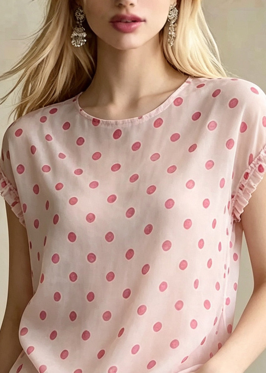 Stylish Pink Ruffled Print Cotton Blouses Summer