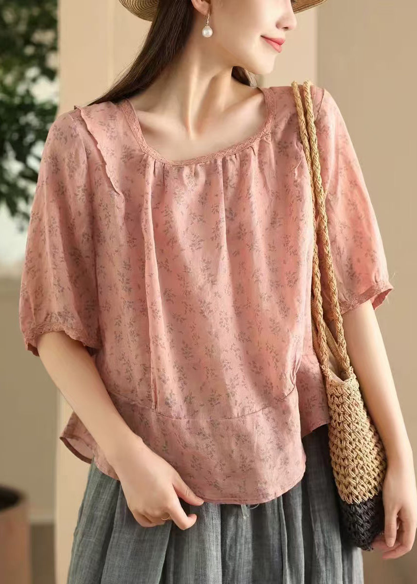 Stylish Pink Square Collar Print Wear On Both Sides Linen Blouses Summer