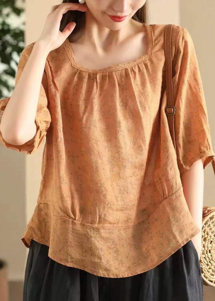 Stylish Pink Square Collar Print Wear On Both Sides Linen Blouses Summer