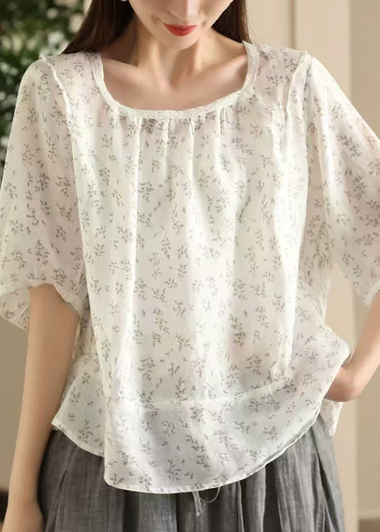 Stylish Pink Square Collar Print Wear On Both Sides Linen Blouses Summer