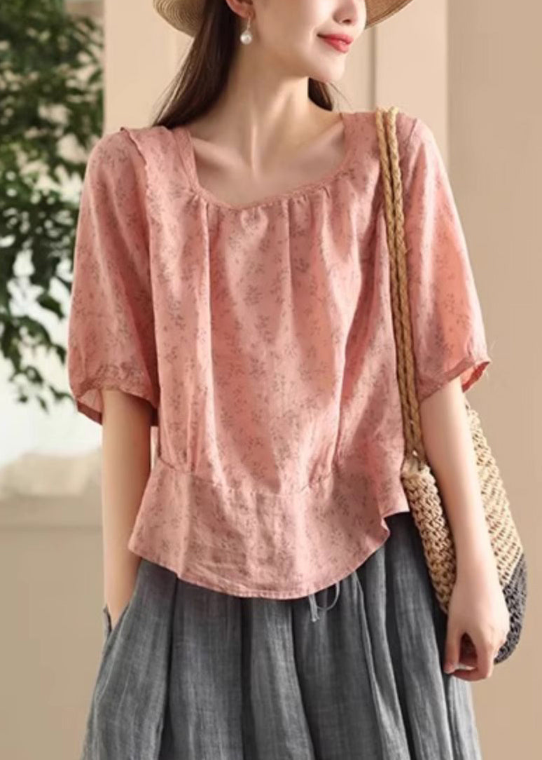 Stylish Pink Square Collar Print Wear On Both Sides Linen Blouses Summer