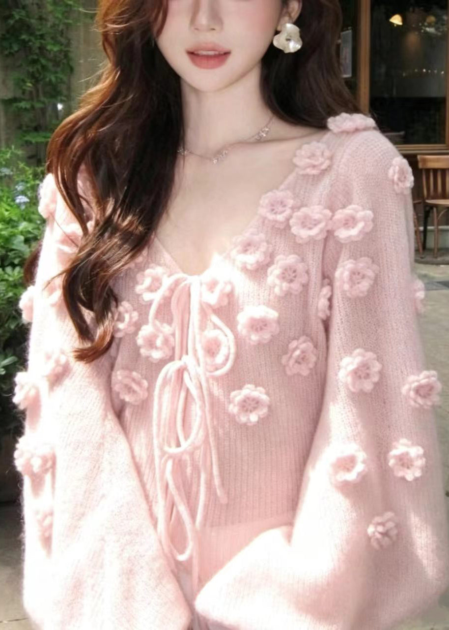 Stylish Pink Stereoscopic Floral Lace Up Knit Pullover Fall