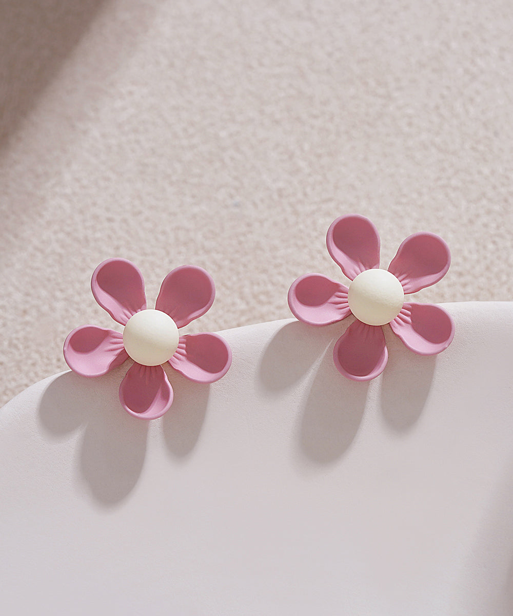 Stylish Pink Sterling Silver Alloy Floral Stud Earrings