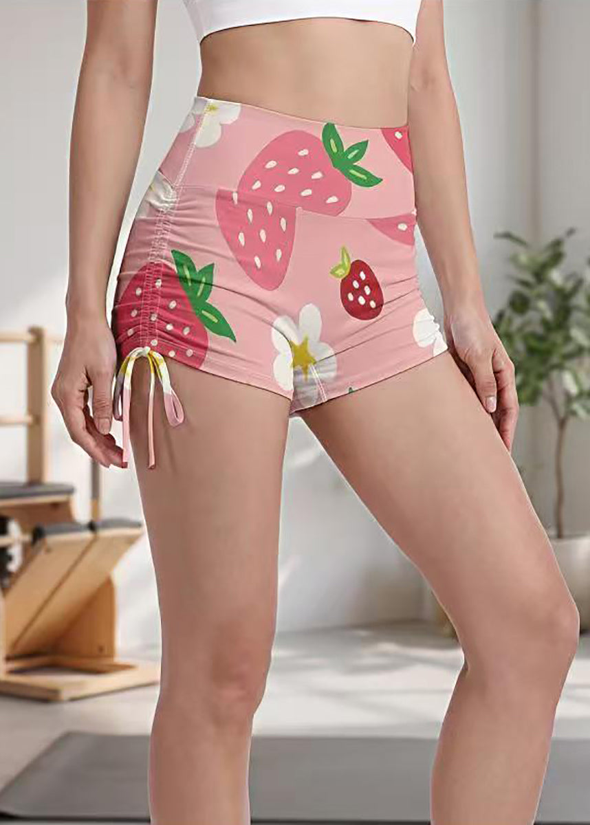 Stylish Pink Strawberry Print High Waist Butt Scrunch Drawstring Workout Gym Shorts
