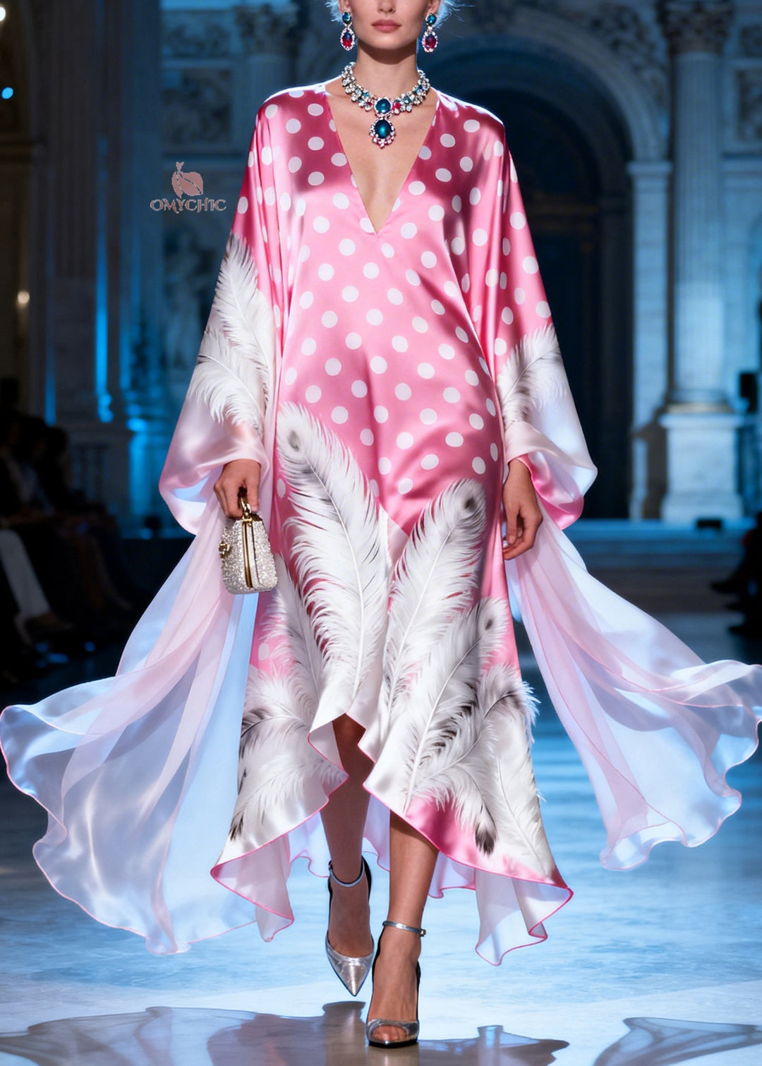 Stylish Pink V Neck Dot Feather Print Silk Long Dress Summer