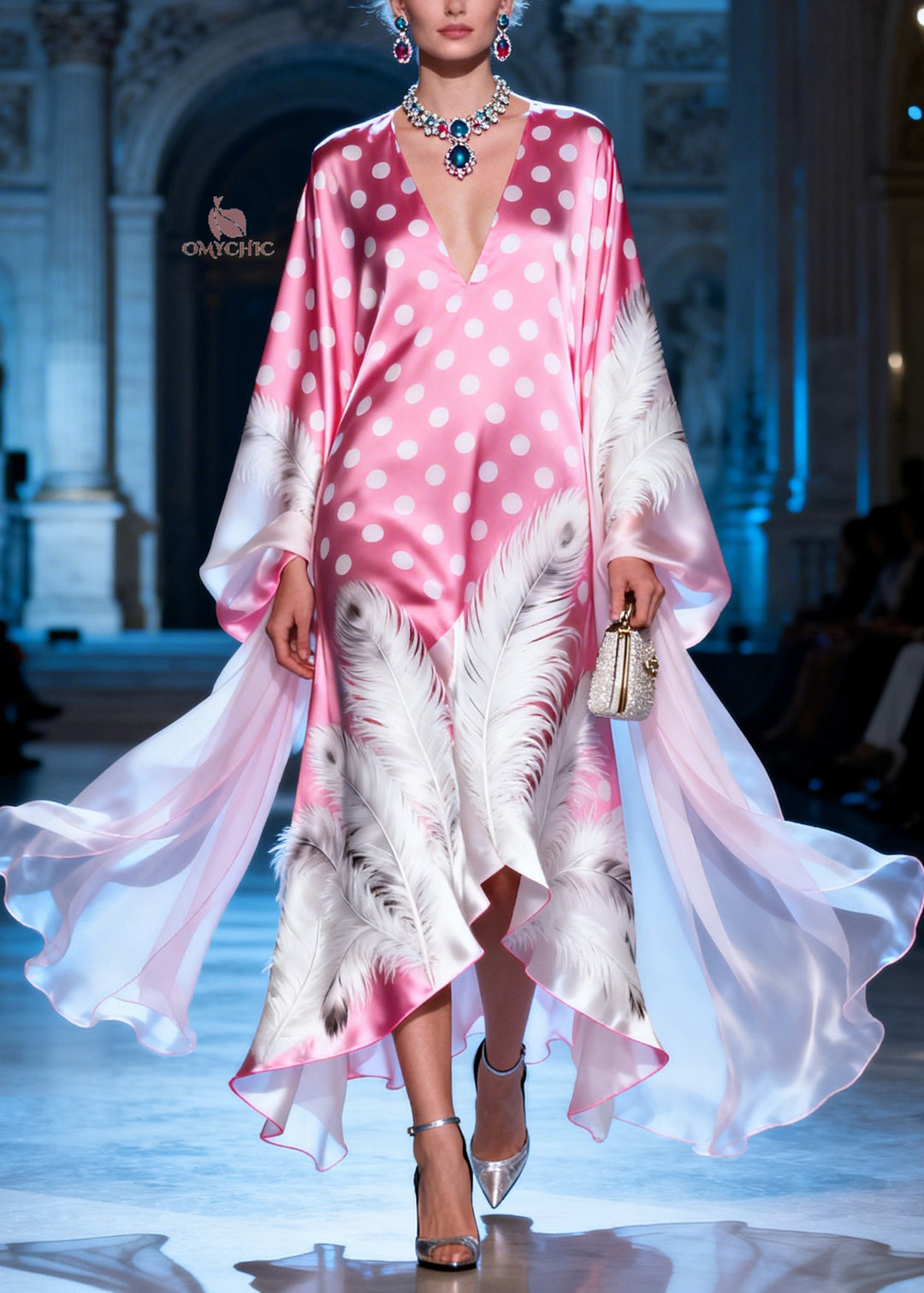 Stylish Pink V Neck Dot Feather Print Silk Long Dress Summer