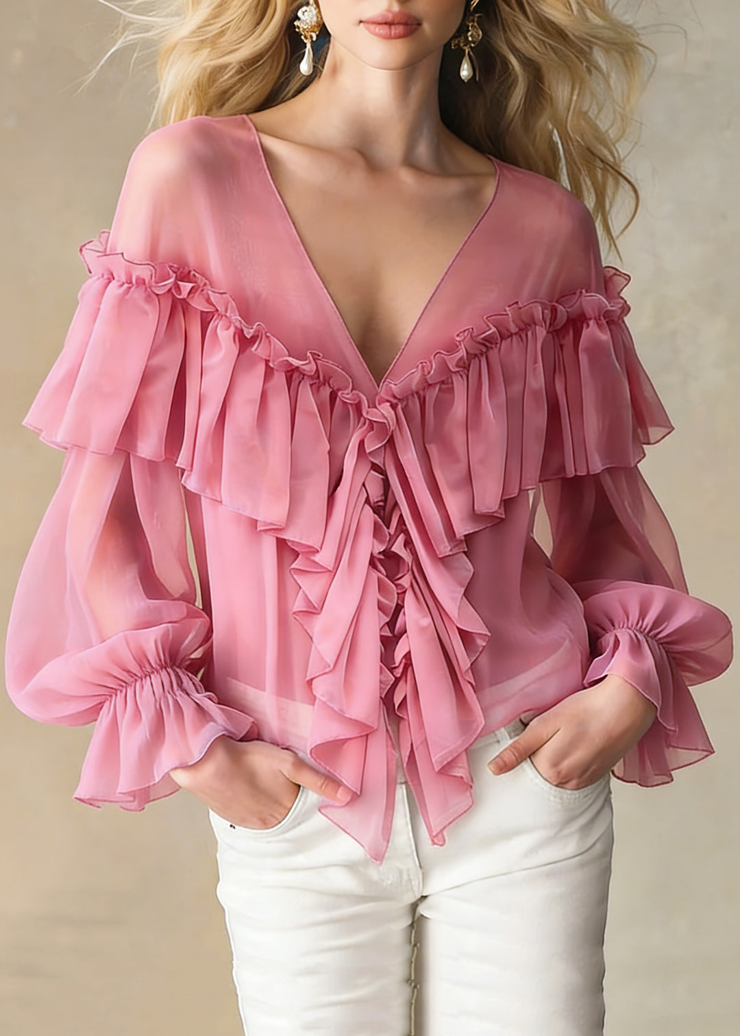 Stylish Pink V Neck Ruffled Chiffon Shirts Spring - Omychic