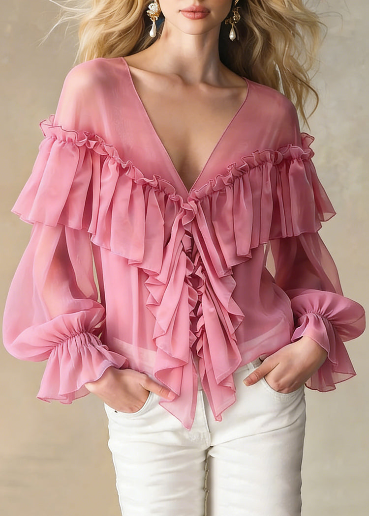 Stylish Pink V Neck Ruffled Chiffon Shirts Spring - Omychic