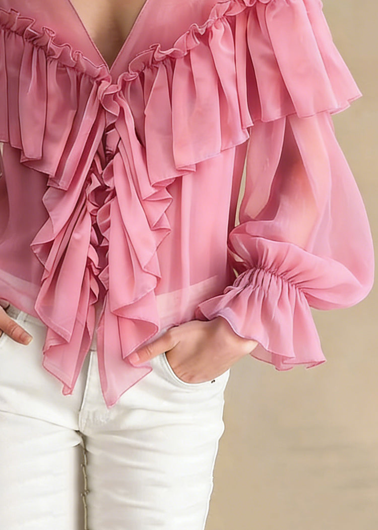 Stylish Pink V Neck Ruffled Chiffon Shirts Spring - Omychic