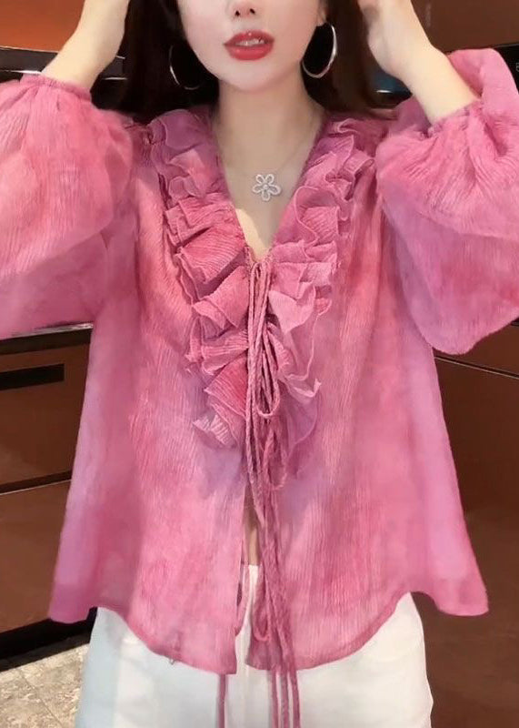Stylish Pink V Neck Ruffled Lace Up Chiffon Blouse Lantern Sleeve