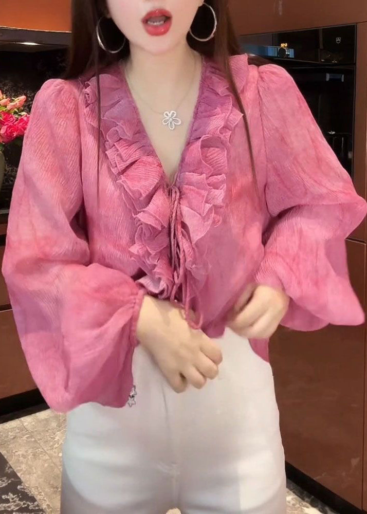 Stylish Pink V Neck Ruffled Lace Up Chiffon Blouse Lantern Sleeve