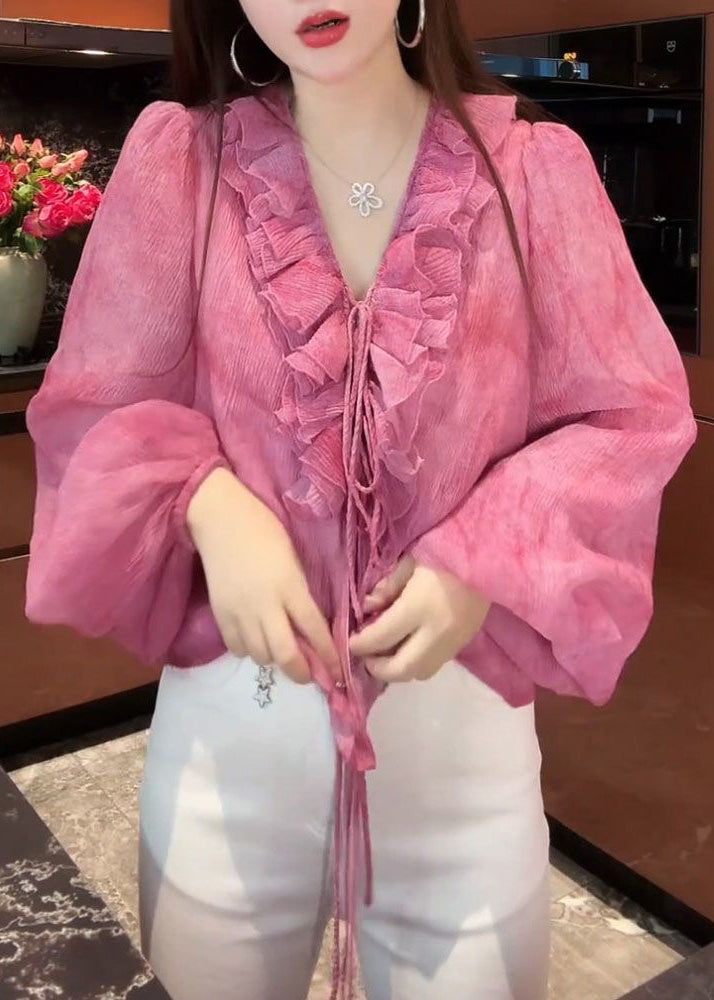 Stylish Pink V Neck Ruffled Lace Up Chiffon Blouse Lantern Sleeve