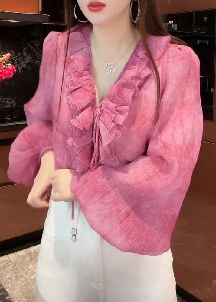 Stylish Pink V Neck Ruffled Lace Up Chiffon Blouse Lantern Sleeve