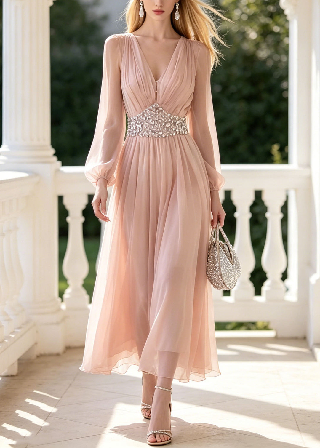 Stylish Pink V Neck Zircon Patchwork Chiffon Dress Summer