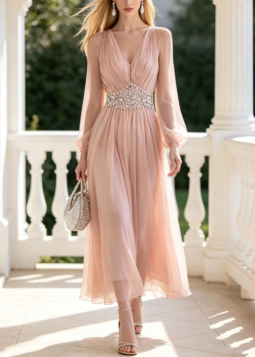 Stylish Pink V Neck Zircon Patchwork Chiffon Dress Summer