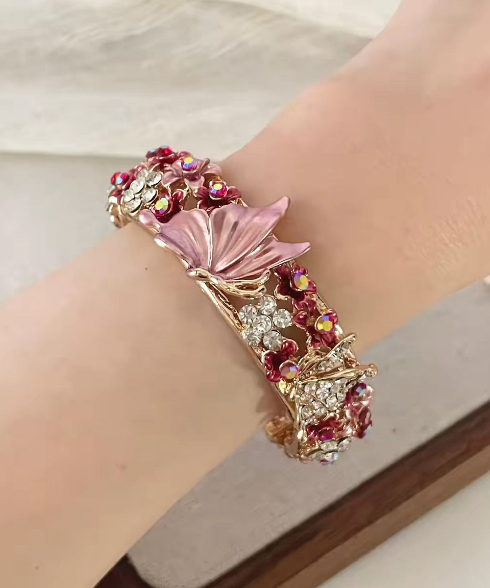 Stylish Pink Zircon Alloy Butterfly Floral Bangle