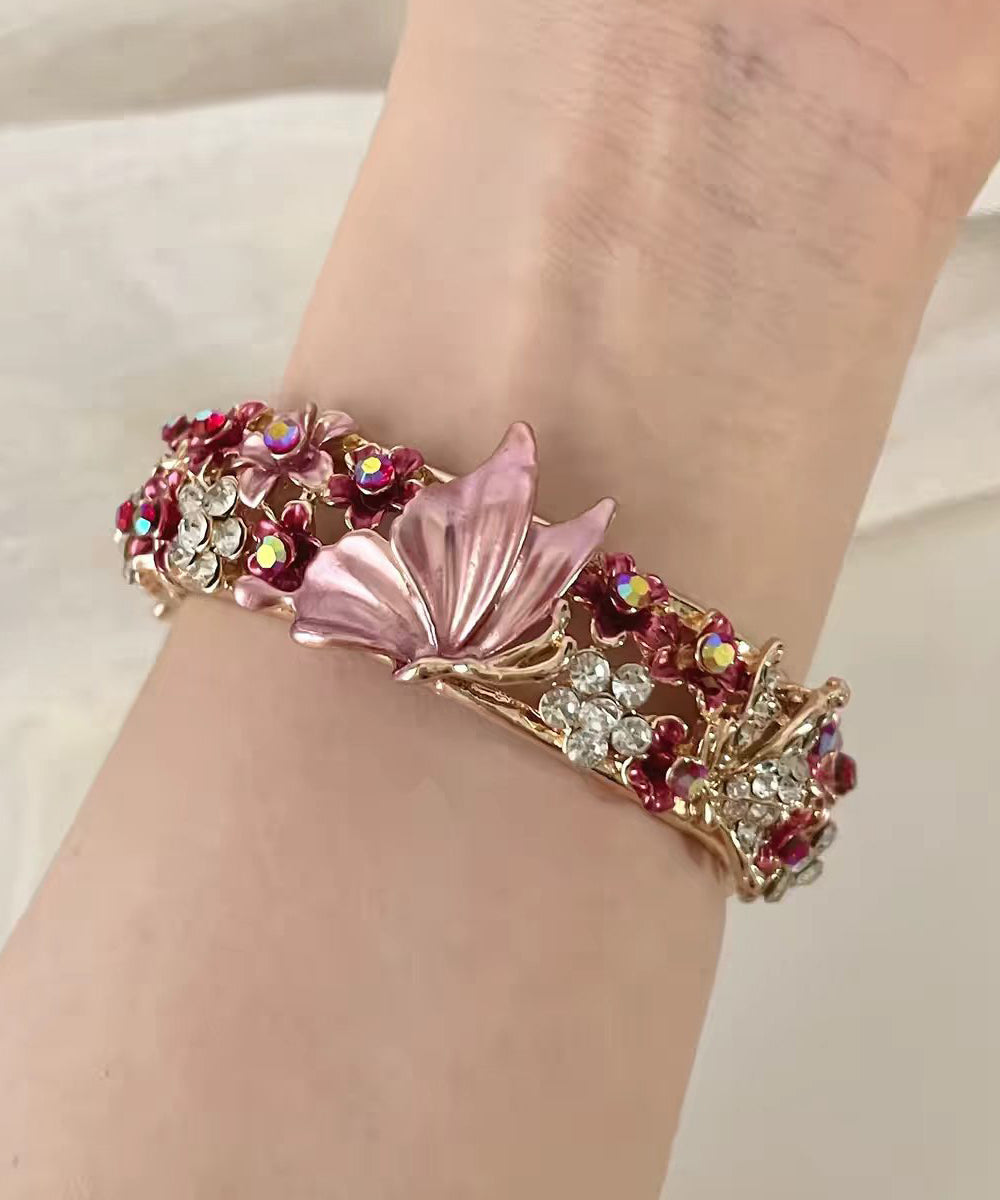 Stylish Pink Zircon Alloy Butterfly Floral Bangle
