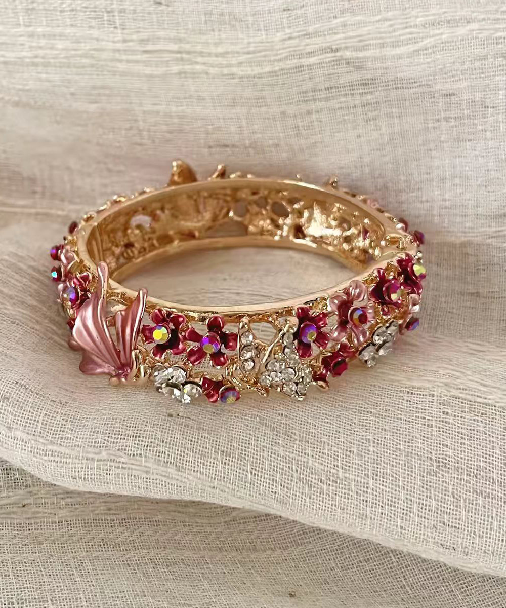 Stylish Pink Zircon Alloy Butterfly Floral Bangle