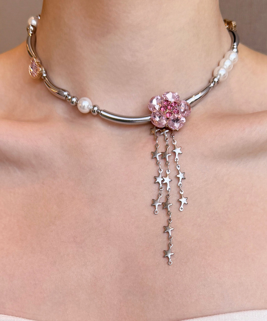 Stylish Pink Zircon Pearl Tassel Adjustable Alloy Choker