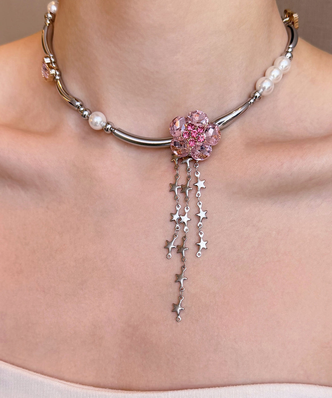 Stylish Pink Zircon Pearl Tassel Adjustable Alloy Choker