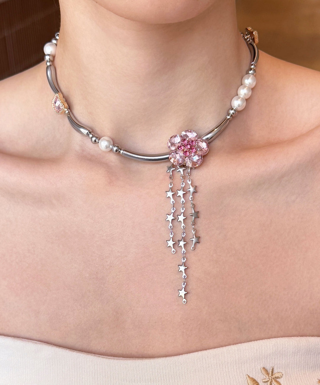 Stylish Pink Zircon Pearl Tassel Adjustable Alloy Choker