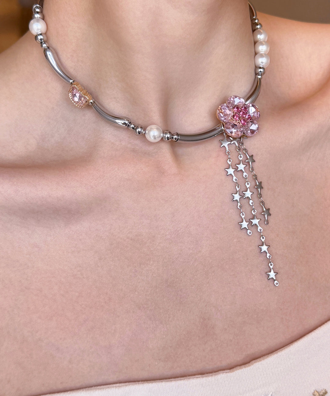 Stylish Pink Zircon Pearl Tassel Adjustable Alloy Choker