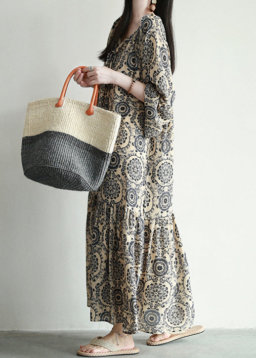 Stylish Print Lace Up Oversized Cotton Long Dresses Spring