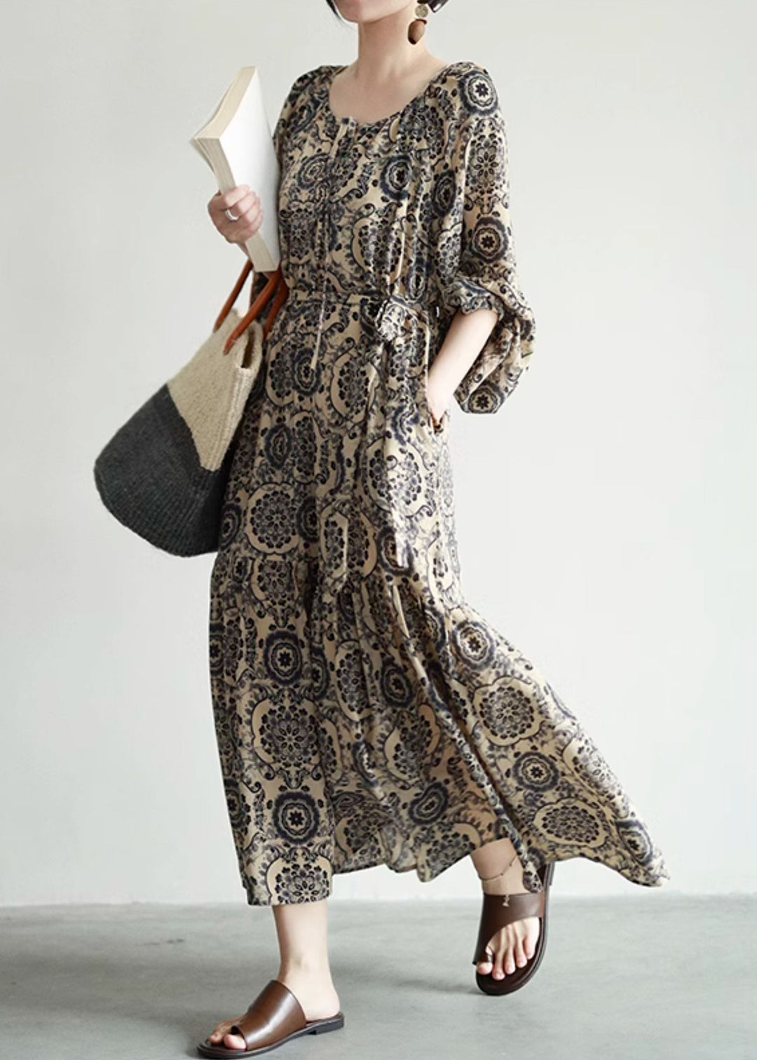 Stylish Print Lace Up Oversized Cotton Long Dresses Spring