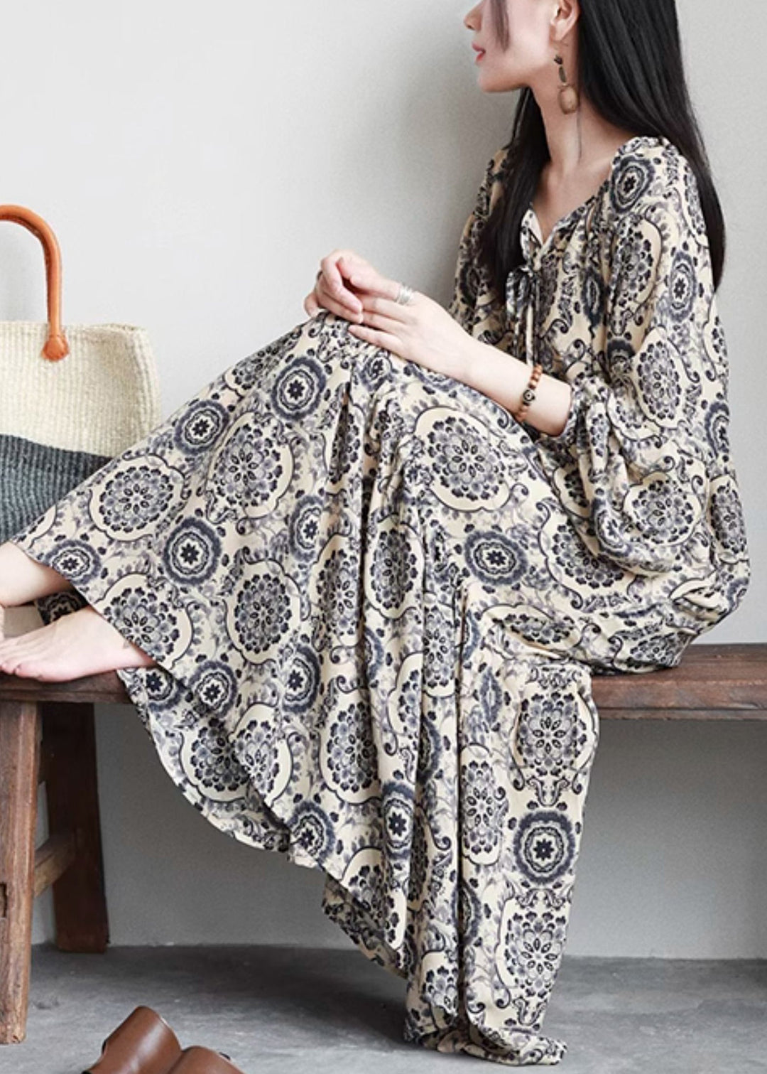 Stylish Print Lace Up Oversized Cotton Long Dresses Spring