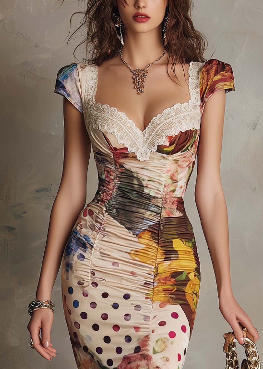 Stylish Print Wrinkled Lace Slim Fit Cotton Dress Summer