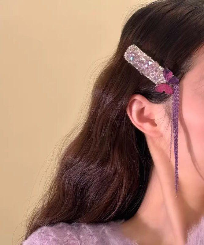 Stylish Purple Alloy Zircon Butterfly Tassel Single Piece Hairpin