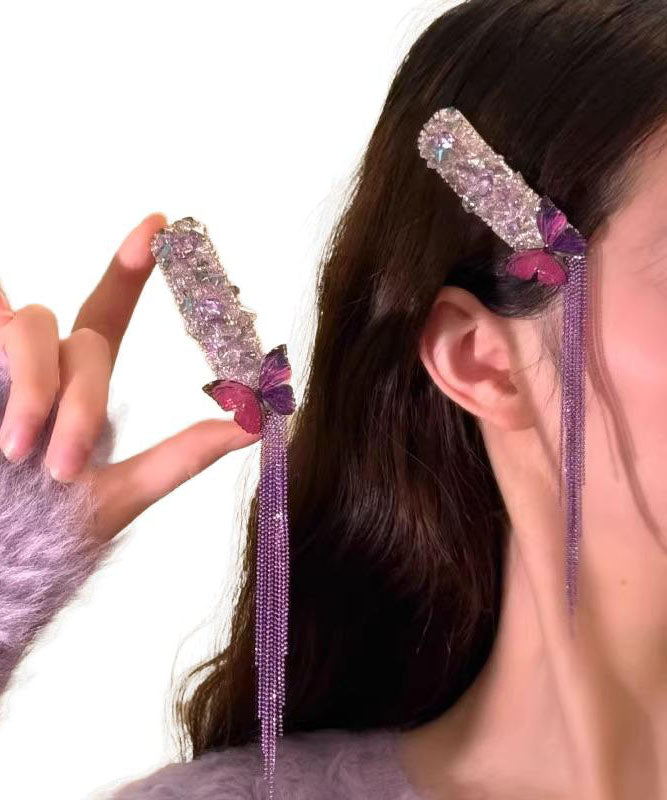 Stylish Purple Alloy Zircon Butterfly Tassel Single Piece Hairpin