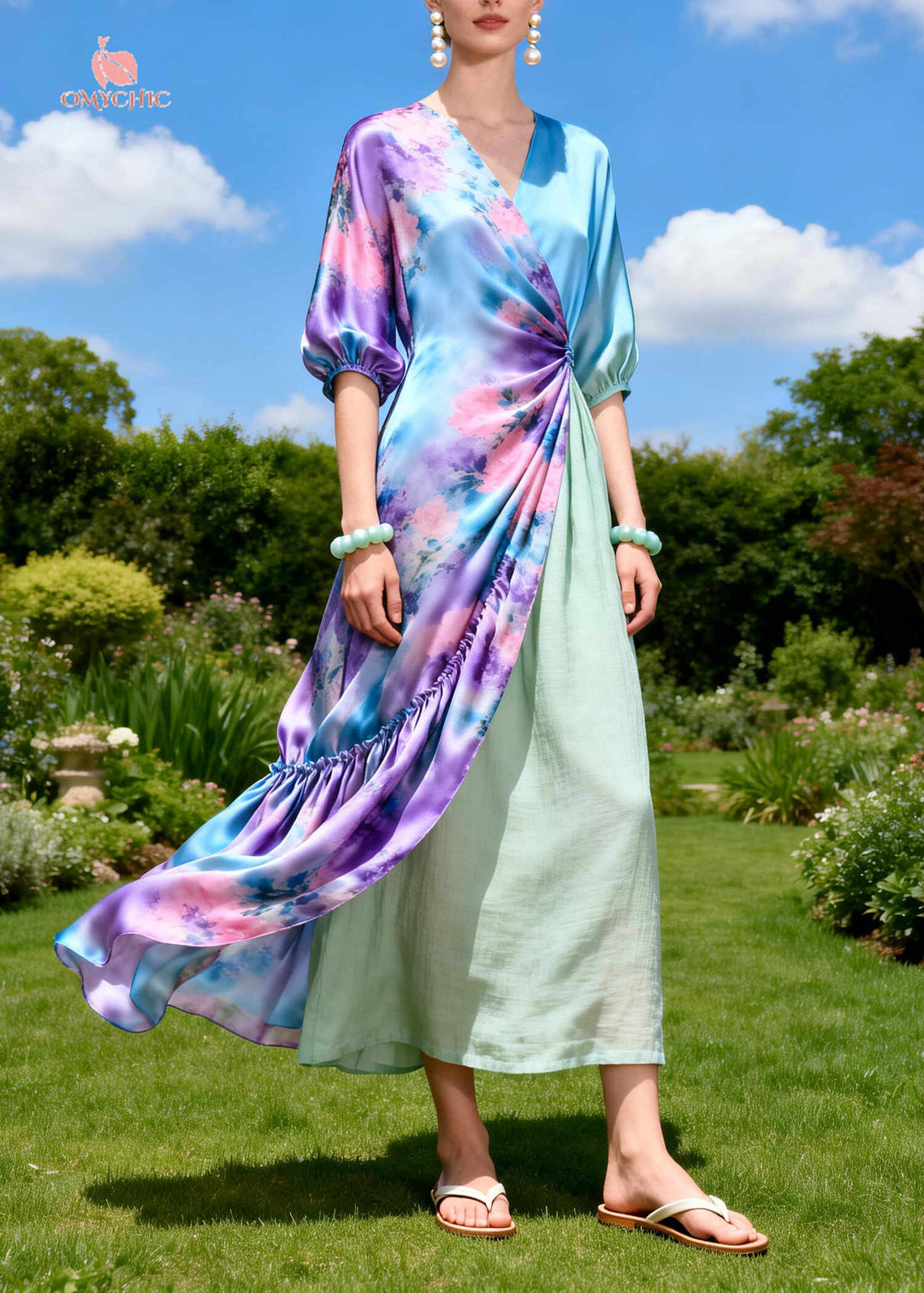 Stylish Purple Asymmetrical Patchwork Tie Dye Silk Long Dress Summer