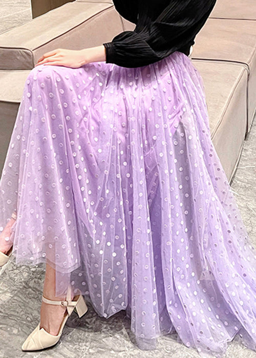 Stylish Purple Dot Elastic Waist Tulle Maxi Skirts