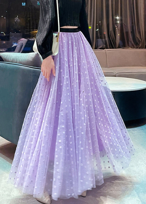 Stylish Purple Dot Elastic Waist Tulle Maxi Skirts